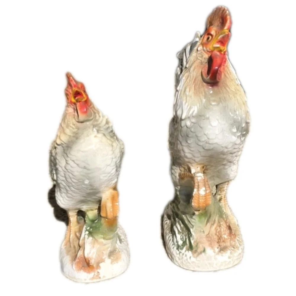 Vintage Rooster and Hen Large Ceramic Figurine 2 pc White Red Gray Antique Decor